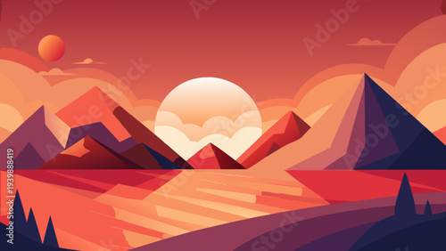 Minimal geometric landscape made of simple vector shapes in warm tones. Clean modern wall art ideal for Scandinavian interiors and stylish home decoration.