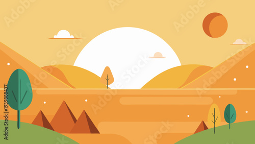 Minimal geometric landscape made of simple vector shapes in warm tones. Clean modern wall art ideal for Scandinavian interiors and stylish home decoration.