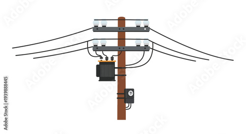 Illustration of a utility pole with electrical transformers and power lines