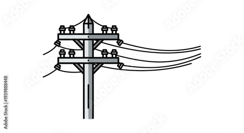 Illustration of a utility pole with multiple insulators and connecting power lines