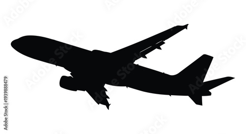 Silhouette of a commercial airplane in flight against a plain white background