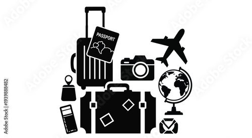 Travel icons including a suitcase passport airplane camera and world globe