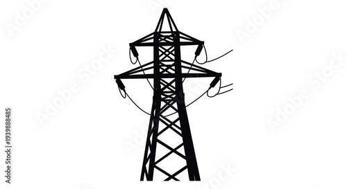 A stark black silhouette of a high voltage electricity transmission tower against white