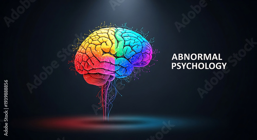 Colorful brain illustration representing abnormal psychology concepts with vibrant rainbow colors on dark background for mental health study