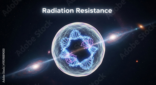 Radiation resistance concept with glowing blue dna strand inside transparent sphere surrounded by galaxies and stars in outer space