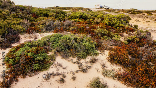Fotografie Wide coastal scrubland landscape in the foreground with caravans camping in the