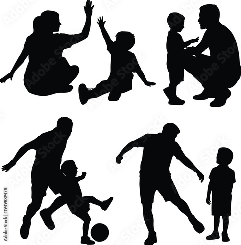 Family parenting activity silhouettes set with parents and children playing, high five moment, father talking to child, and soccer training vector illustration