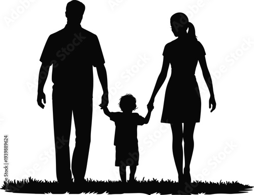 Family silhouette with father, mother and little child holding hands walking on grass, happy parenting lifestyle vector illustration isolated background