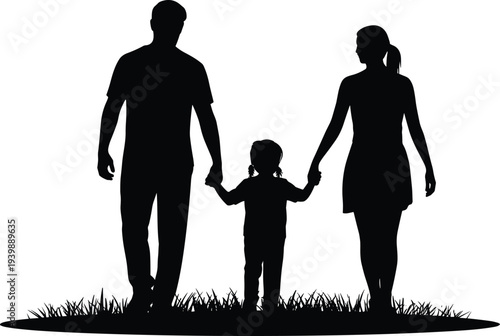 Family silhouette walking together on grass, mother father and daughter holding hands, happy parenting concept, loving parents with child vector illustration