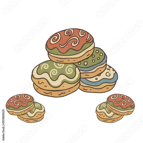 Traditional Decorated Cookies with Swirl Icing Pattern Illustration