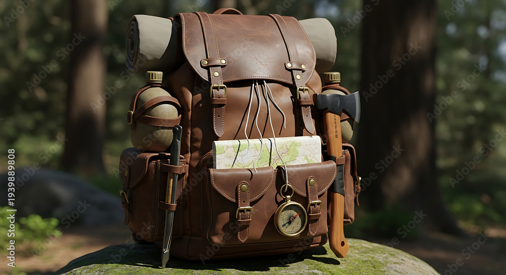 Fototapeta premium a classic leather backpack with camping gear a map compass and axe awaits adventure on a mossy forest rock.