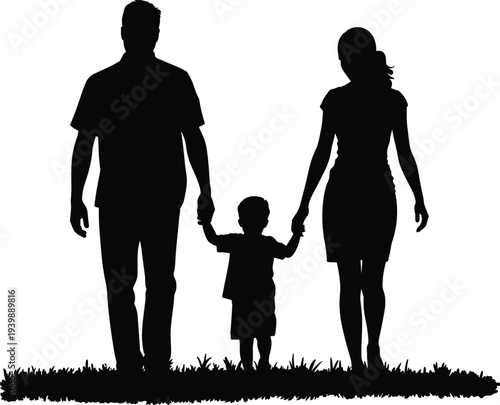 Family walking silhouette with father, mother and child holding hands together on grass, happy parenting lifestyle vector illustration isolated background