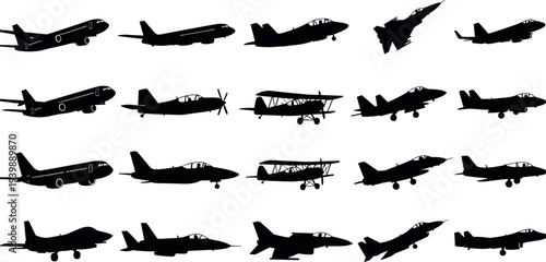 Airplane and fighter jet silhouettes collection including passenger aircraft military jets and propeller planes isolated aviation transport vector illustration set