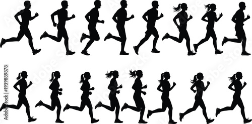 Running Silhouettes Set with Men and Women Jogging in Motion Sequence for Fitness Athletics Marathon Training and Healthy Lifestyle Vector Design