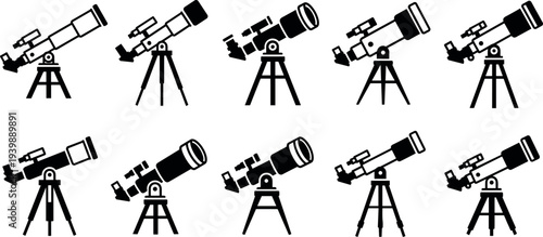Astronomy Telescope Silhouette Collection with Different Observational Telescopes on Tripods for Space Exploration, Stargazing and Scientific Research Illustration Set
