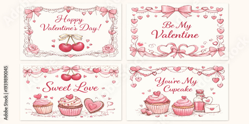 Set of vintage wedding invitation cards featuring a cute pink heart pattern and sweet cupcake vector illustrations for a celebration of love