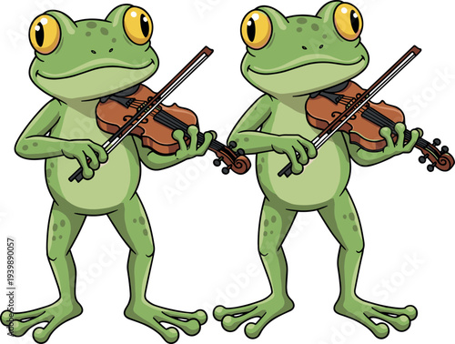 Cute cartoon frog playing violin character illustration with musical instrument funny green amphibian mascot isolated for music education children design