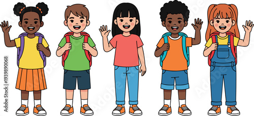 Diverse School Children Cartoon Characters with Backpacks Waving Hands, Multicultural Kids Standing Together, Education and Friendship Concept Illustration Isolated on White