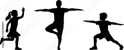 Kids practicing yoga and fitness exercises silhouettes children performing balance pose running and stretching healthy lifestyle activity vector illustration set