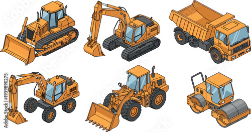 Isometric construction heavy equipment set with bulldozer excavator dump truck wheel loader road roller and backhoe machinery vehicles isolated for engineering industry illustration