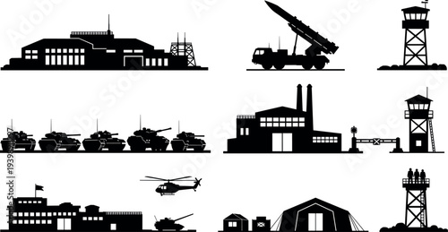Military Base and Defense Industry Silhouette Set Featuring Missile Launcher, Tank Convoy, Radar Towers, Helicopter Patrol, Watchtowers, Hangar and Security Infrastructure Illustration Collection