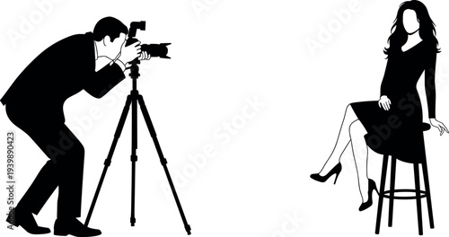 Photographer taking picture of female model sitting on chair studio photoshoot silhouette with camera tripod professional photography session vector illustration