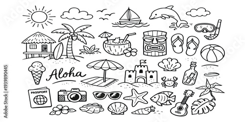 Seamless vector illustration featuring a collection of hand drawn houses and weather icons in a vintage cartoon pattern for summer wallpaper design