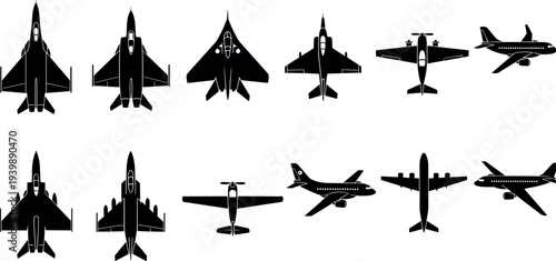 Top view airplane and fighter jet silhouettes collection with passenger aircraft military planes and aviation transport vehicles isolated vector illustration set