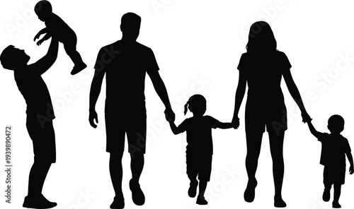 Happy family silhouettes set with father lifting baby and parents walking with children holding hands, parenting lifestyle vector illustration isolated on white background