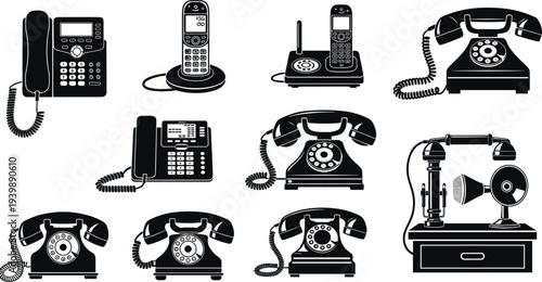 Vintage and Modern Telephone Silhouette Collection Featuring Rotary Phones, Desk Phones, Cordless Handsets and Classic Communication Devices Illustration Set Isolated on White