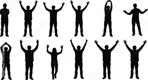 Set of black silhouettes of men and women in various joyful poses raising hands celebrating success victory and freedom isolated
