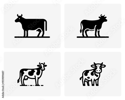 Cow Logos Set Silhouette and Spotted Dairy Cattle Illustrations for Agriculture and Farming Themes