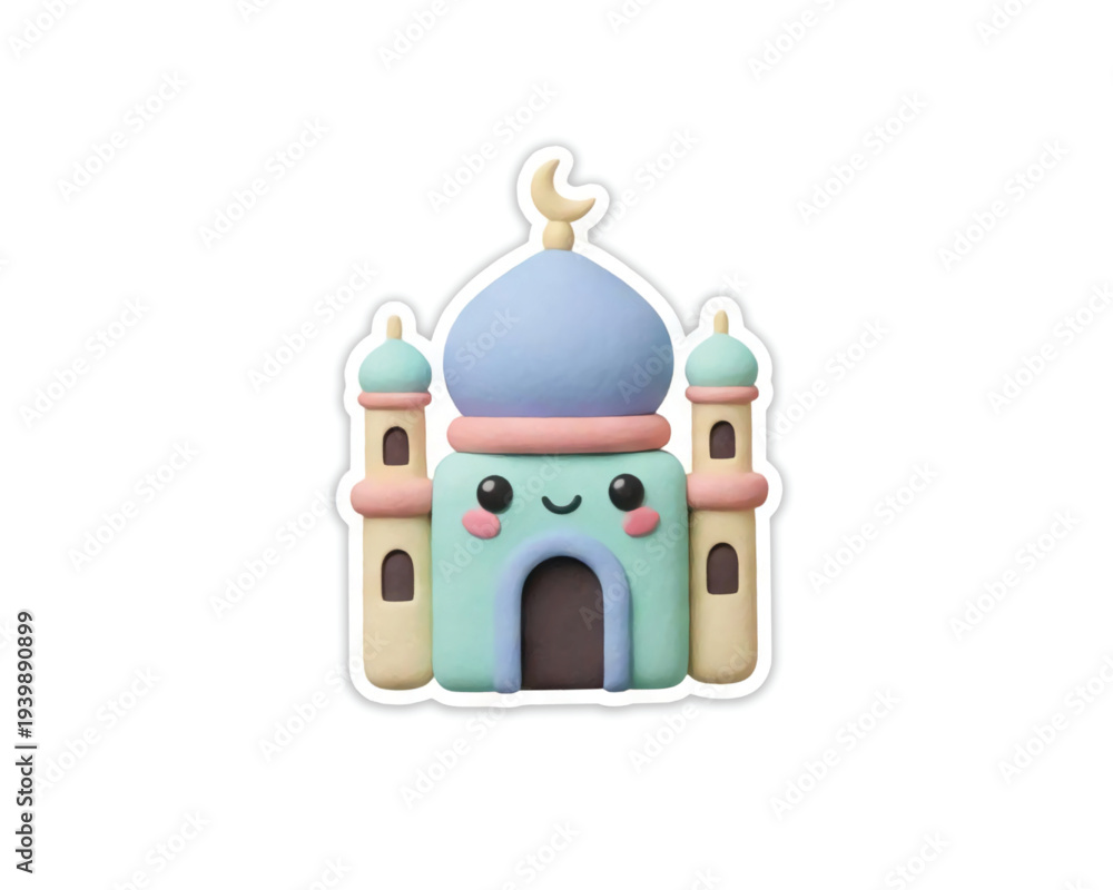 Obraz premium Cute 3D Render Mosque Character with Smiling Face for Eid Mubarak