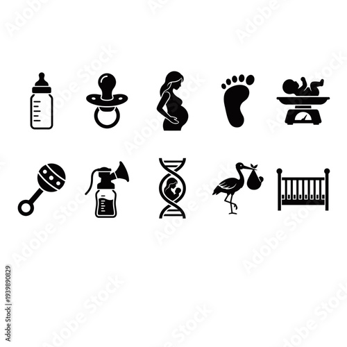 Pregnancy and Parenthood Icons Representing Various Stages and Baby Care Items