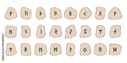 Set of hand drawn viking runes Rune stones with ancient norse alphabet characters engraved on them Scandinavian futhark germanic celtic Single element for design, print, web, decor