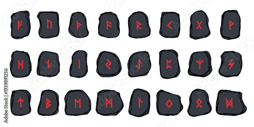 Set of hand drawn viking runes Rune stones with ancient norse alphabet characters engraved on them Scandinavian futhark germanic celtic Single element for design, print, web, decor