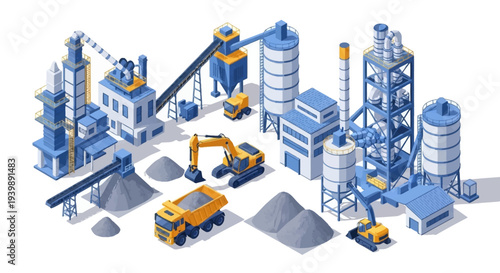 Isometric illustration of a cement factory with industrial machinery and construction vehicles