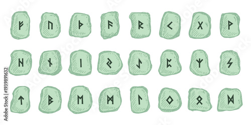 Set of hand drawn viking runes Rune stones with ancient norse alphabet characters engraved on them Scandinavian futhark germanic celtic Single element for design, print, web, decor