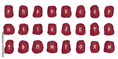 Set of hand drawn viking runes Rune stones with ancient norse alphabet characters engraved on them Scandinavian futhark germanic celtic Single element for design, print, web, decor