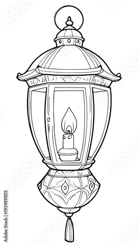 “Black and white line art illustration of a classic vintage lantern with a candle flame inside, hexagonal glass panels, curved metal roof and handle on top, detailed monochrome coloring book style, cl