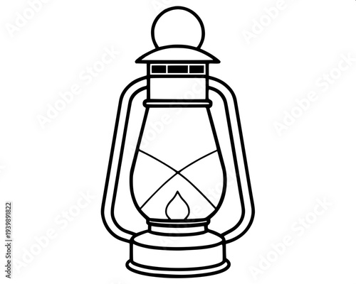 “Black and white line art illustration of a classic vintage lantern with a candle flame inside, hexagonal glass panels, curved metal roof and handle on top, detailed monochrome coloring book style, cl