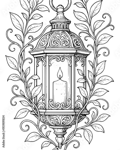 “Black and white line art illustration of a classic vintage lantern with a candle flame inside, hexagonal glass panels, curved metal roof and handle on top, detailed monochrome coloring book style, cl