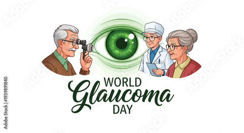 Illustration of people for World Glaucoma Day with green eye and medical professional, promoting glaucoma awareness and eye health.