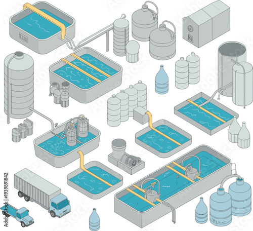 Isometric water purification plant system vector illustration showing filtration tanks, industrial treatment process, pipelines, storage containers, and clean drinking water production