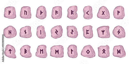 Set of hand drawn viking runes Rune stones with ancient norse alphabet characters engraved on them Scandinavian futhark germanic celtic Single element for design, print, web, decor