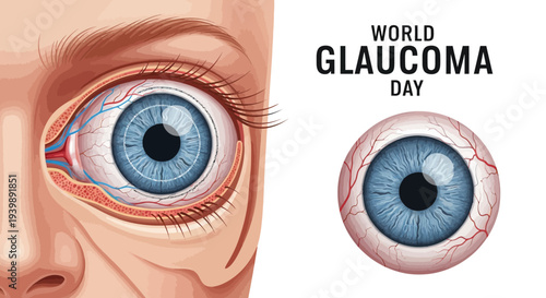 Illustration of a human eye with glaucoma awareness text for World Glaucoma Day design and education on eye health.