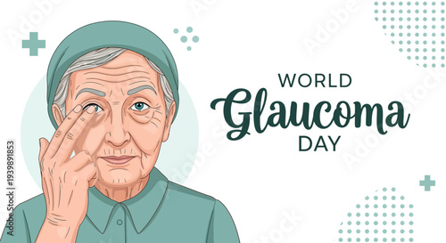Illustration of an elderly woman covering her eye for World Glaucoma Day with a green and blue color scheme conveying eye health awareness.