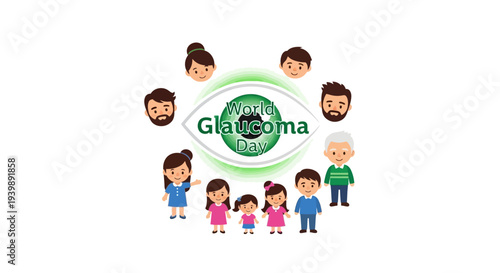 Vector illustration of diverse people of all ages surrounded by a green glaucoma awareness logo on a white background for World Glaucoma Day and eye health awareness campaigns.