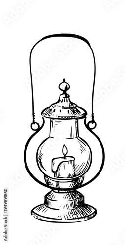 “Black and white line art illustration of a classic vintage lantern with a candle flame inside, hexagonal glass panels, curved metal roof and handle on top, detailed monochrome coloring book style, cl