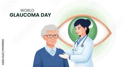 Illustration of a doctor discussing eye health with a senior patient on World Glaucoma Day to raise awareness about glaucoma prevention and eye health.